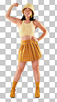 Smile, power and asian woman flexing arm, full body portrait of gen z model with trendy fashion win in studio. Feminism, empowerment and strength, happy and strong girl isolated on yellow background.