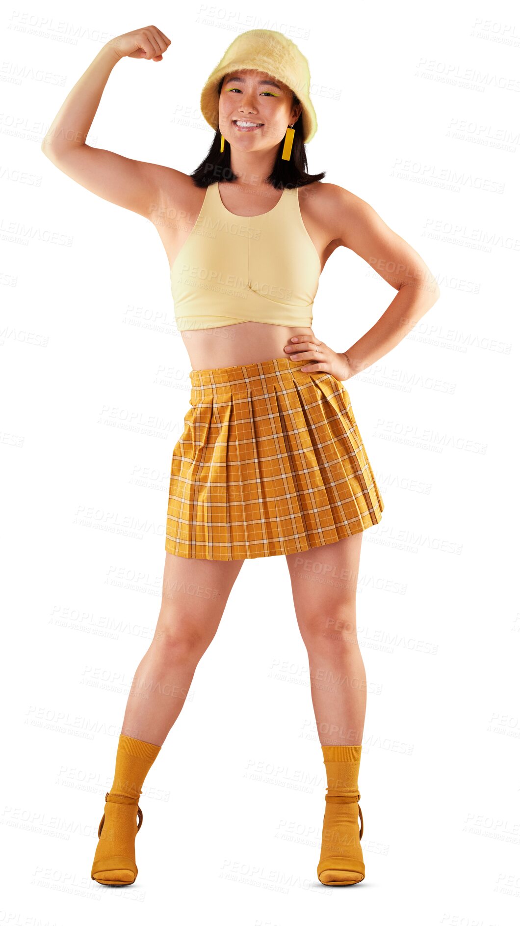 Buy stock photo Asian woman, strong flex portrait and fashion with yellow clothes, beauty and smile. Retro, edgy and gen z female model person with streetwear aesthetic style isolated on transparent, png background