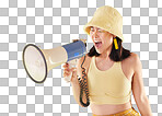 Asian, girl and studio with megaphone for protest, shout and speech for human rights by background. Young gen z model, loudspeaker broadcast and yellow 90s aesthetic for change, justice or opinion