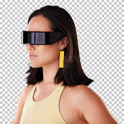 Vr, 3d metaverse and woman in virtual reality, exploring cyber world or futuristic tech. Future fantasy, gamer and female with digital ai glasses for gaming in studio isolated on a yellow background.