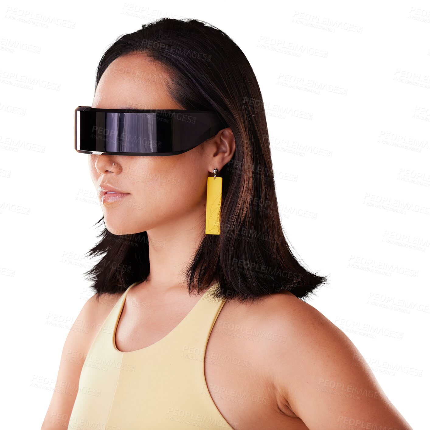 Buy stock photo Isolated woman, virtual reality glasses and vision with matrix, metaverse and gaming by transparent png background. Gen z girl, ar tech and finger for 3d user experience, movies or video in profile