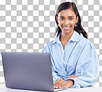 Laptop, studio and portrait of Indian woman with smile working o