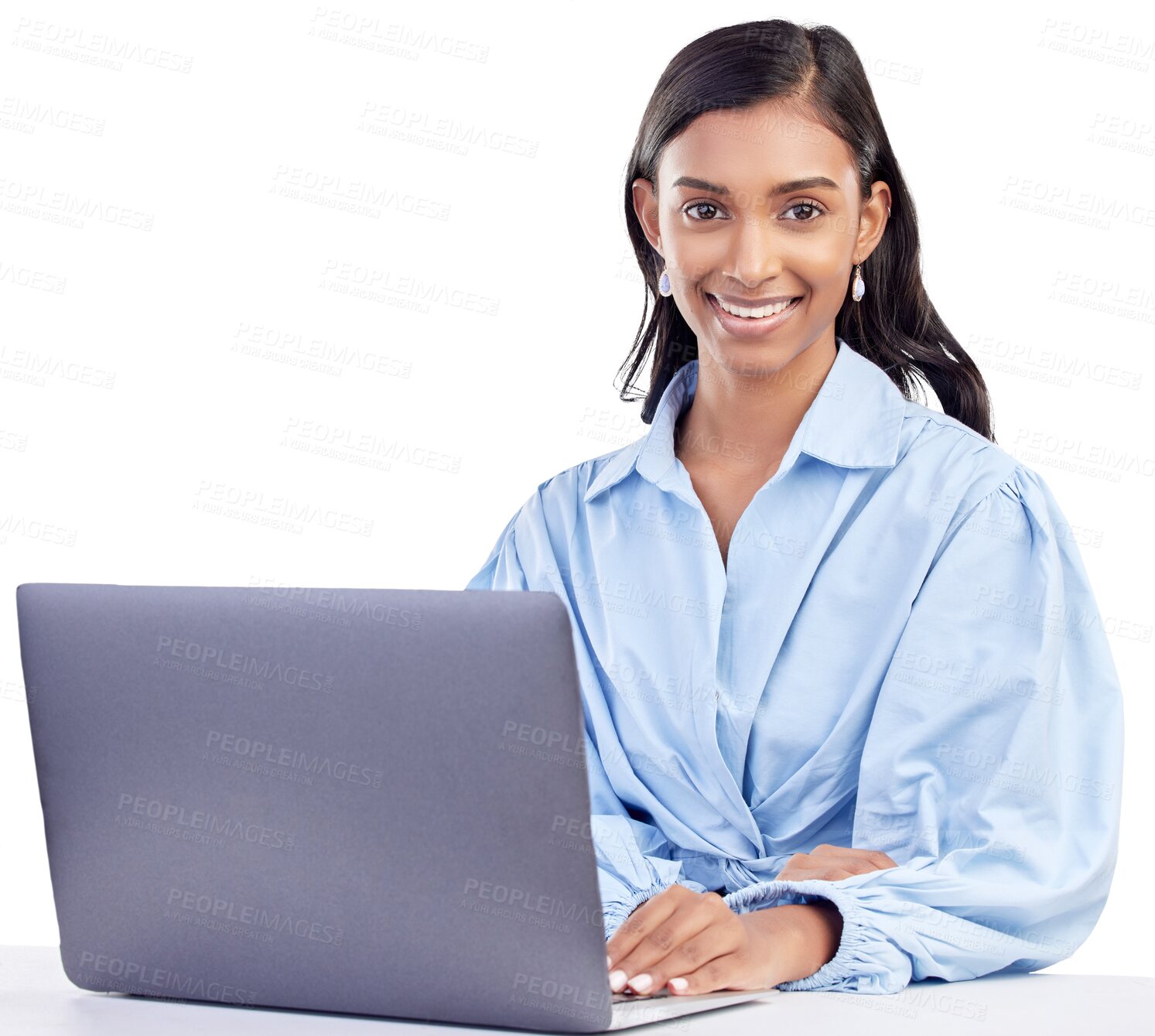 Buy stock photo Laptop, working and portrait of Indian woman with smile online for research, internet and website. Technology, networking and female worker on computer typing isolated on transparent, png background