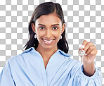 Happy, homeowner and a portrait of a woman with keys isolated on