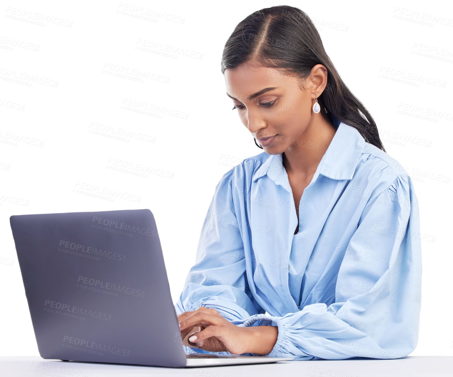 Buy stock photo Laptop, typing and business woman for online marketing, social media planning and copywriting research. Editing, blog and creative worker or person on computer isolated on transparent png background