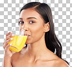 Woman, drinking juice and health with nutrition and portrait, he