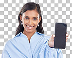 Phone, studio and portrait of Indian woman with smile for advert