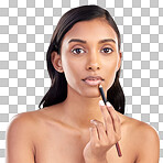 Woman with lip pencil, face and portrait with makeup, beauty and