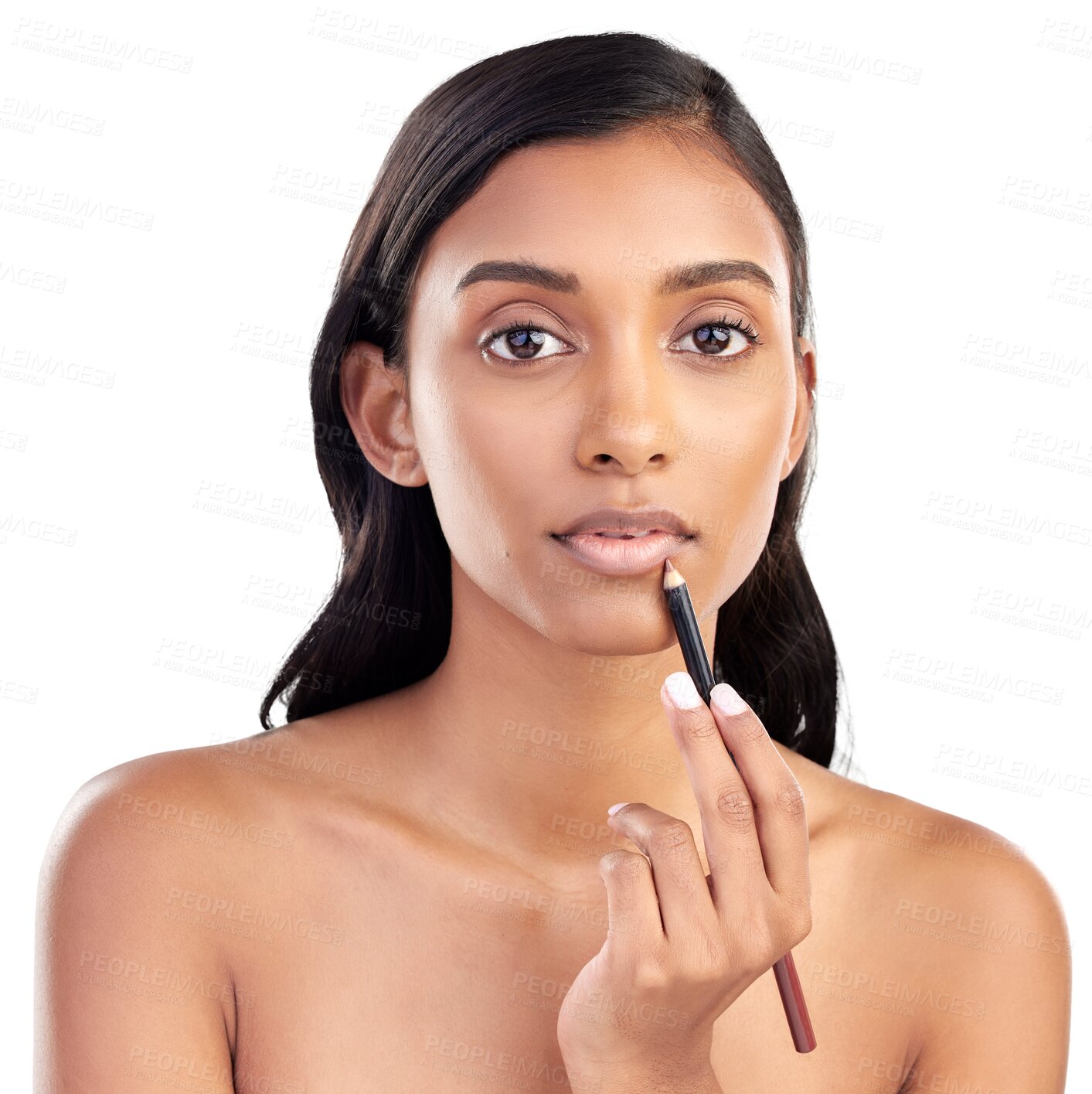 Buy stock photo Woman, portrait and makeup with beauty, lip liner or cosmetology with isolated on a transparent background. Indian female person, cosmetics pencil or model with png, lipstick or dermatology with glow