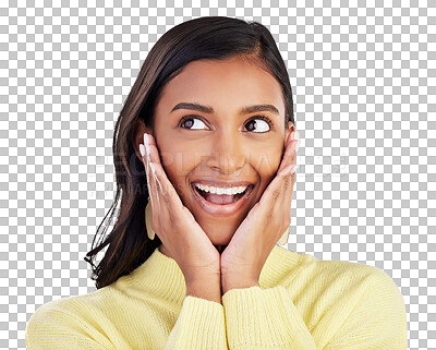 Buy stock photo Wow, surprise and hands on Indian woman face happy on isolated, transparent or png background. Excited, celebration and lady winner with emoji smile for news, sale or coming soon promo announcement