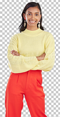 Buy stock photo Happy, style and portrait of beautiful woman with crossed arms for confidence with stylish outfit. Smile, young and Indian female model with classy fashion isolated by a transparent png background.