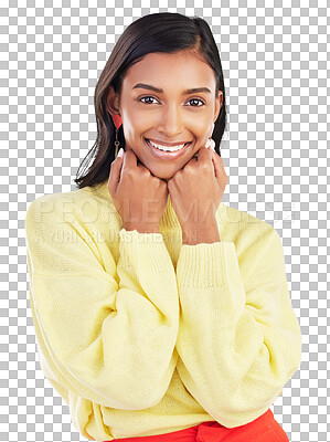 Buy stock photo Woman, smile and girl portrait with confidence and worker success. Young employee, professional and fashion Indian female with positive ambition, happy and isolated on a transparent, png background