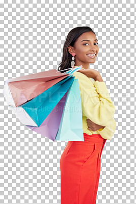 Buy stock photo Shopping bag, portrait and happy woman for fashion discount, youth deal or promotion isolated on transparent, png background. Gift, giveaway and gen z customer, student or person with clothes sale