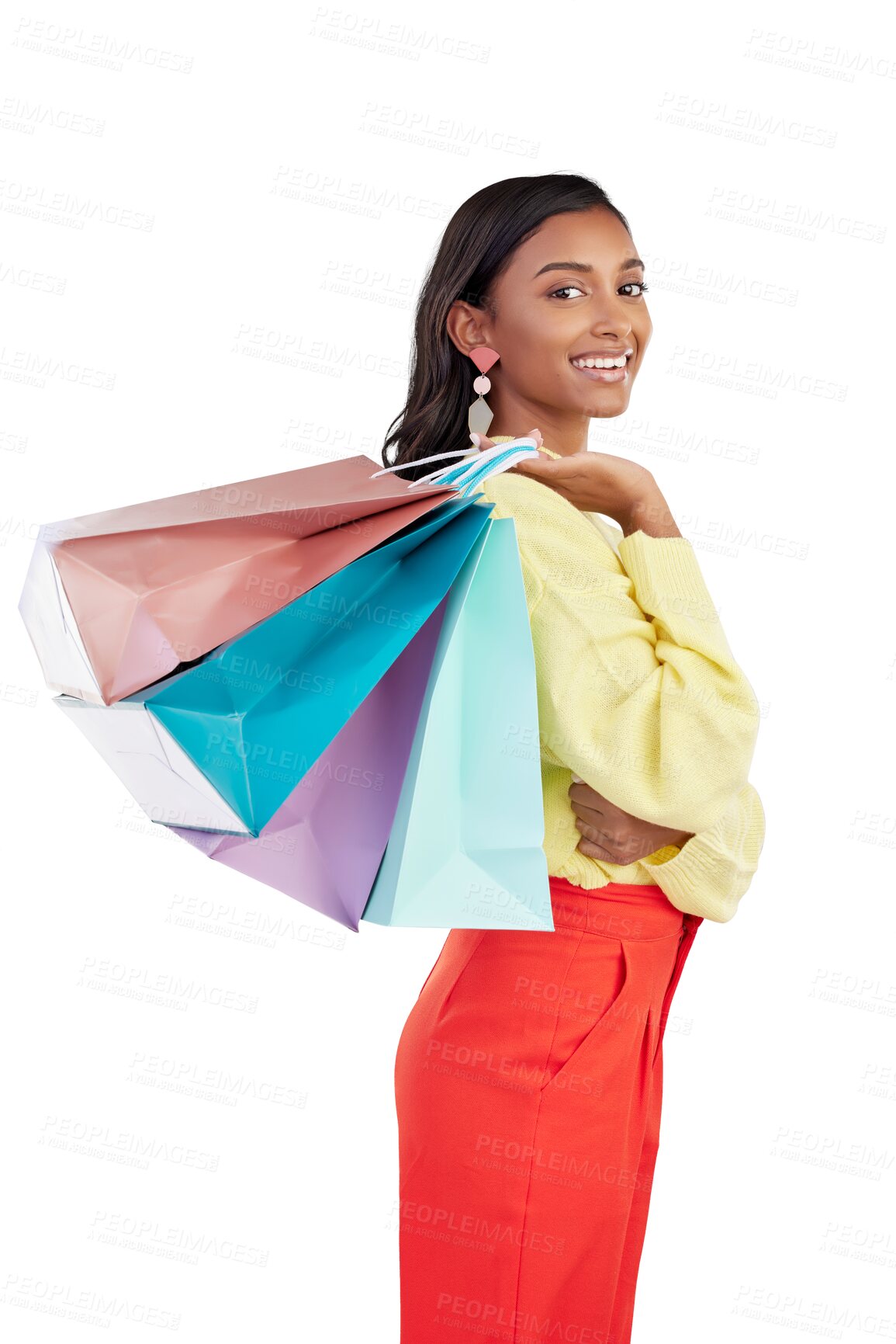 Buy stock photo Shopping bag, portrait and happy woman for fashion discount, youth deal or promotion isolated on transparent, png background. Gift, giveaway and gen z customer, student or person with clothes sale