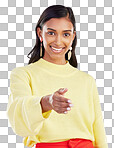 Woman, smile in portrait and handshake, agreement and partnershi