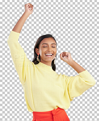 Buy stock photo Happiness, excited and woman dance, celebration and cheerful girl isolated on a transparent background. Female person, dancer or model with energy, moving or groove with png, routine or stress relief