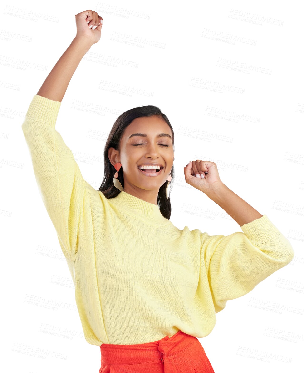 Buy stock photo Happiness, excited and woman dance, celebration and cheerful girl isolated on a transparent background. Female person, dancer or model with energy, moving or groove with png, routine or stress relief