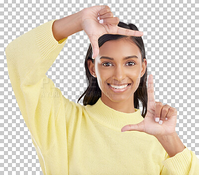 Buy stock photo Portrait, finger frame and woman isolated on transparent png background to review picture. Face, happy indian model or hands planning perspective of photography, selfie or inspiration of photographer