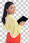 Happy, portrait and a woman with a tablet for an email, communic