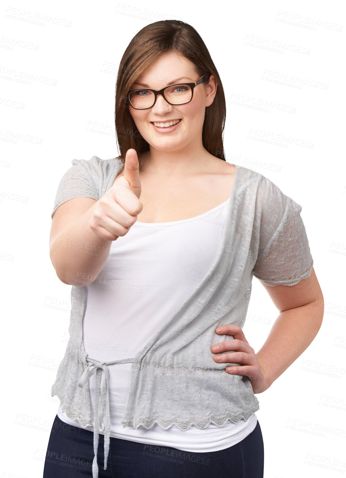 Buy stock photo Thumbs up, plus size and portrait of a woman with a hand sign and smile for thank you or support. Smile of a young female model person isolated on a transparent, png background for yes or agreement