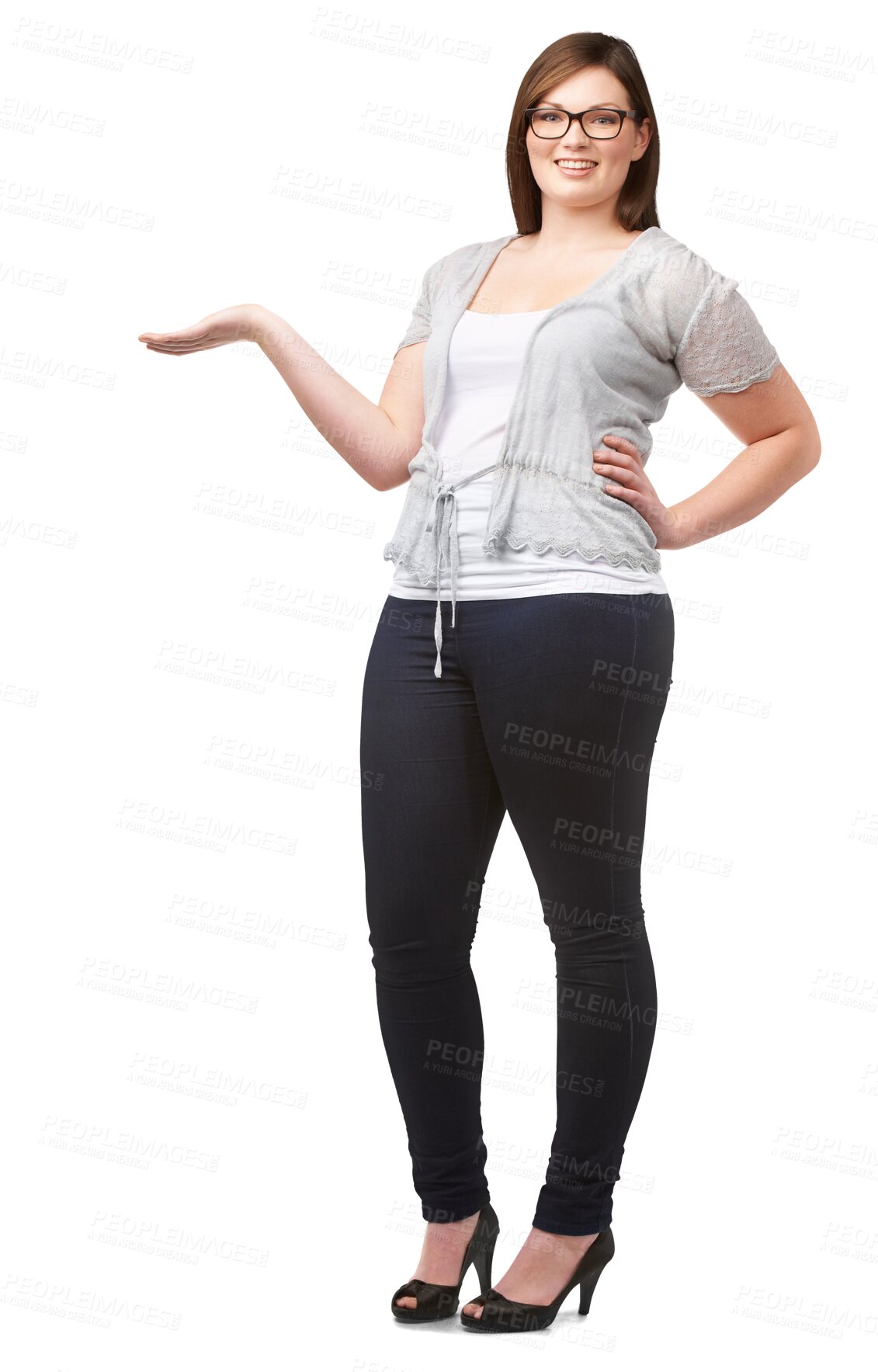 Buy stock photo Woman, plus size and hand presenting portrait of worker with smile isolated on a transparent, png background. Promotion, sale and announcement of a female employee showing offer and confidence