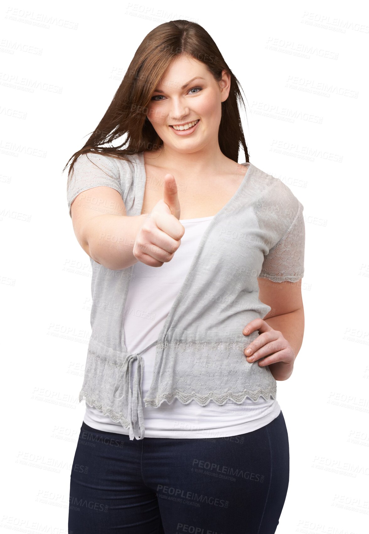 Buy stock photo Portrait, smile and woman with thumbs up, plus size and isolated on a transparent png background. Happy, like hand gesture and person with emoji for success, vote and agreement on feedback for review