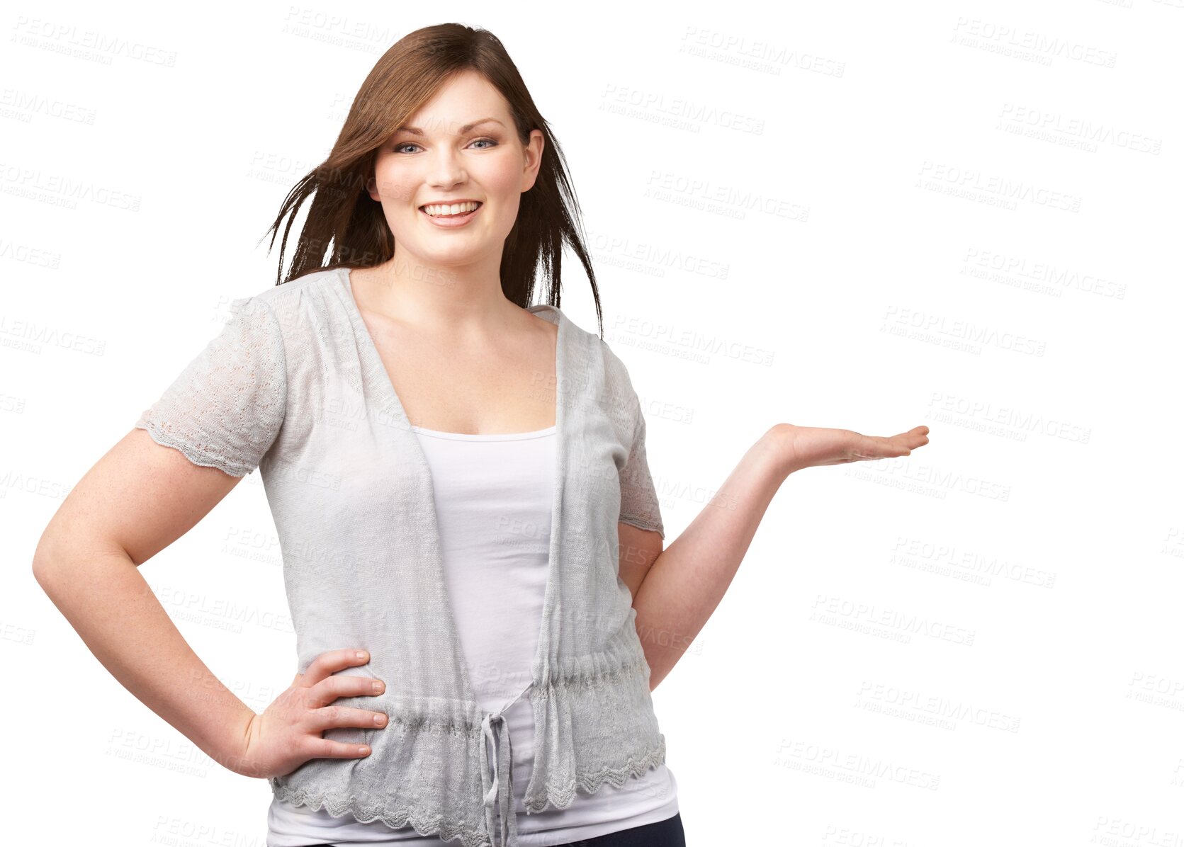 Buy stock photo Woman, plus size and happy with hand presenting portrait of model with smile isolated on transparent, png background. Promotion, sale and announcement of female person showing offer and confidence