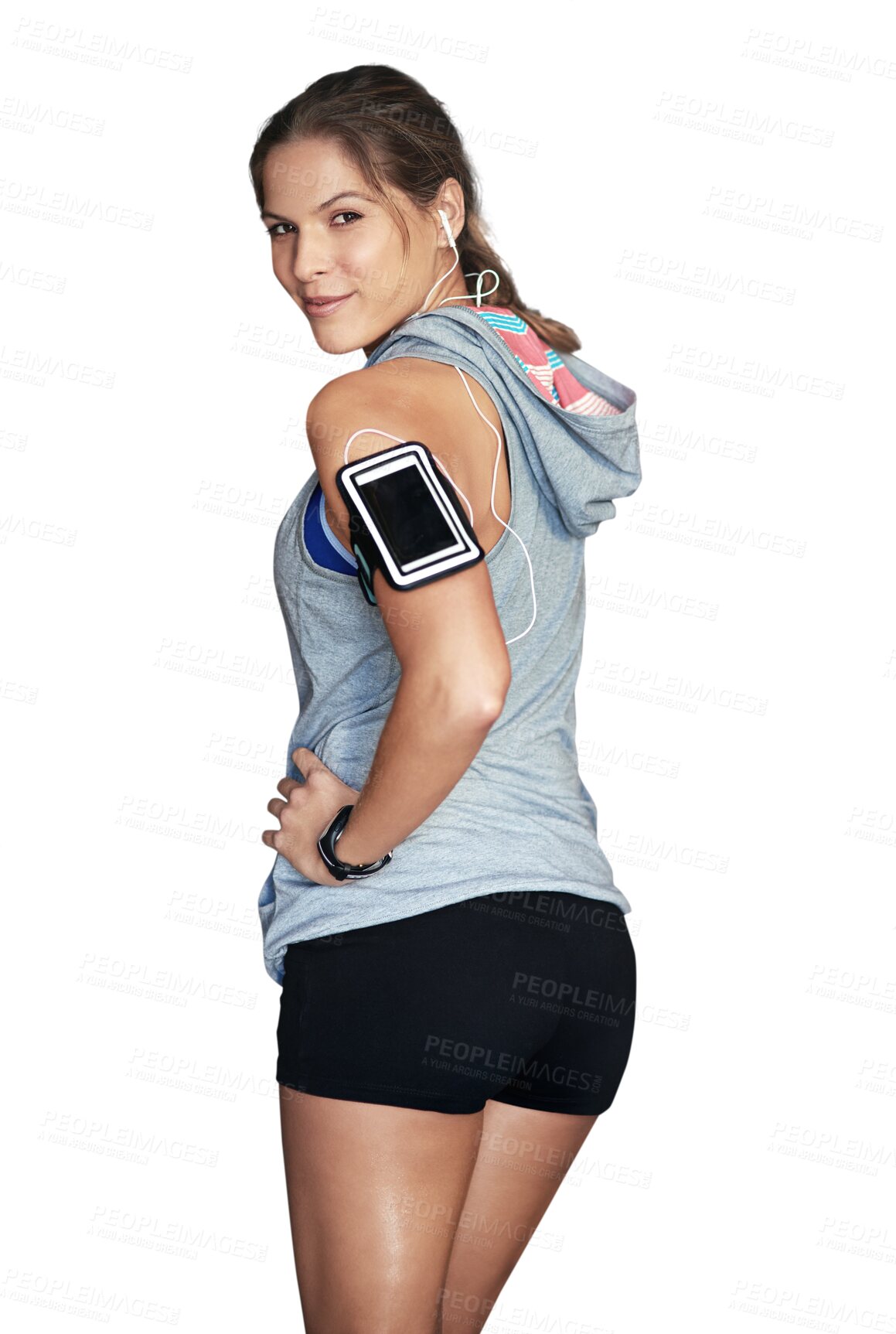 Buy stock photo Confident, fitness and portrait of woman ready for workout, exercise and isolated in a transparent or png background. Training, wellness and young female person or sports athlete streaming music