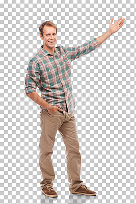 Buy stock photo Happy, portrait and man presenting for promotion, deal and sale advertising by showing marketing. Male person, smile and isolated on a transparent, png background with promo and announcement