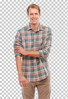 Buy stock photo Portrait, fashion and happy man with casual style on isolated, transparent and png background. Fashionable, outfit and face of male model smile with confidence, trendy and cool, stylish or clothes