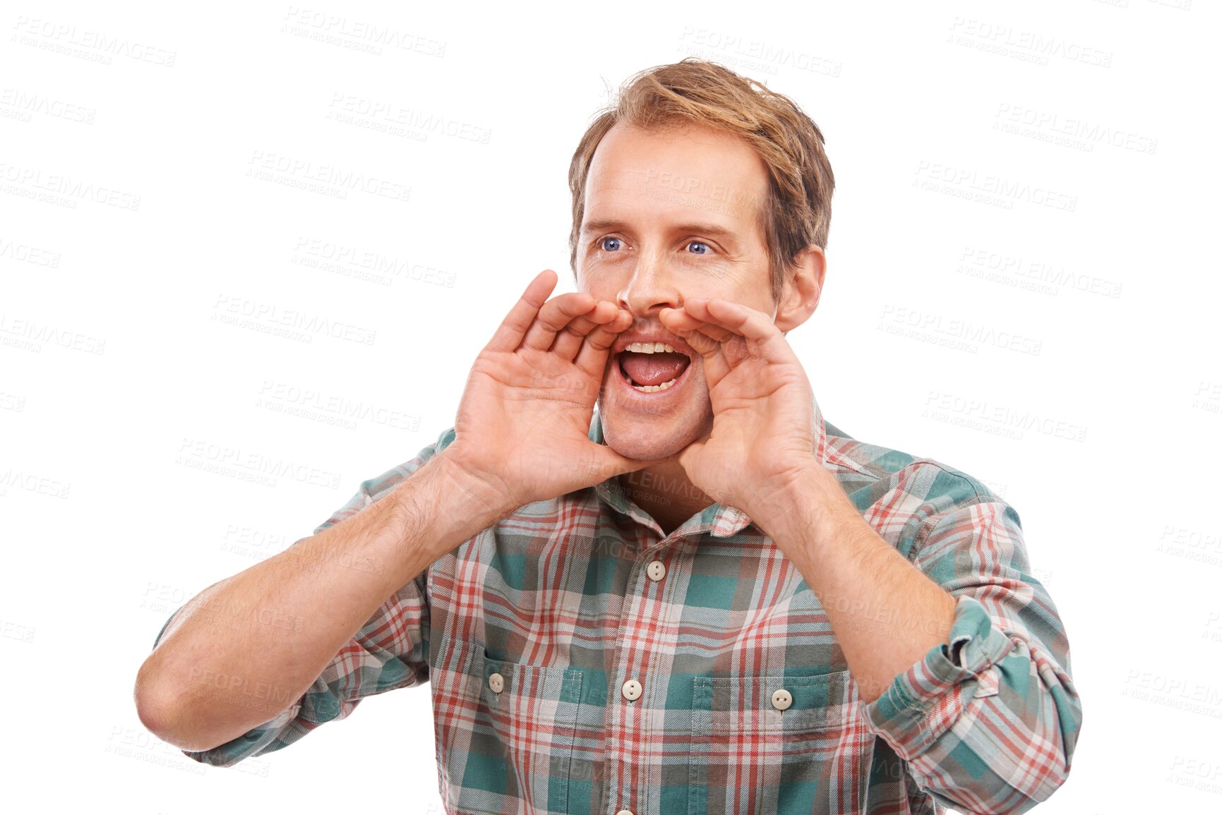 Buy stock photo Shouting, announcement and man with news, sale or information on isolated, transparent and png background. Noise, promo and male screaming sign up, coming soon or discount deal, competition or how to