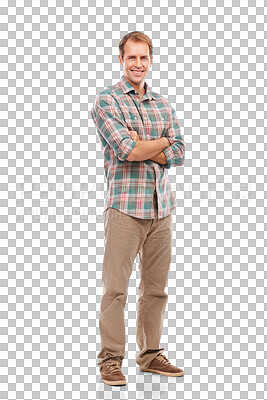 Buy stock photo Man, full body portrait and smile, arms crossed and confident with casual fashion isolated on transparent png background. Male model, happiness and positivity, pride and trendy clothes with style