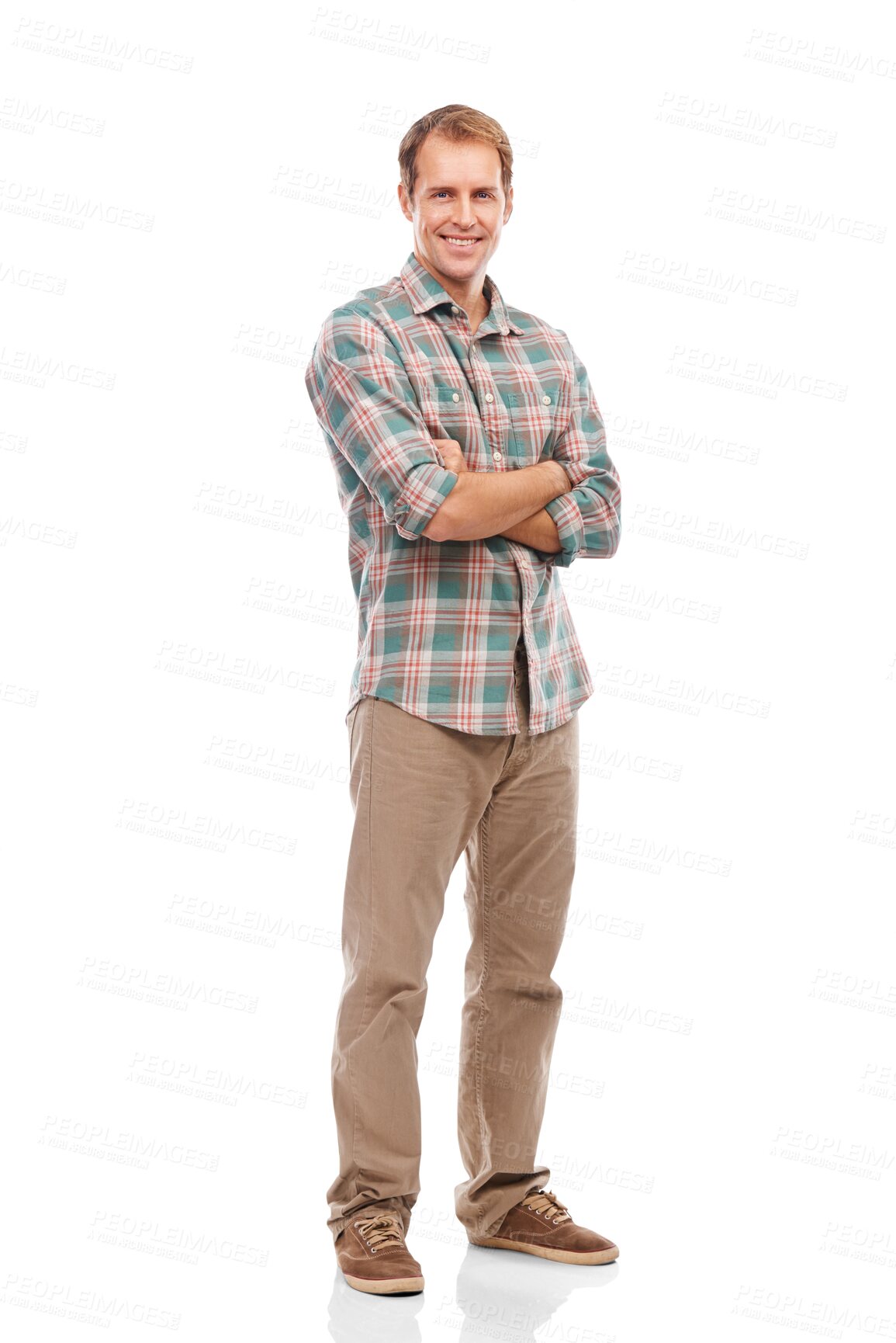 Buy stock photo Man, full body portrait and smile, arms crossed and confident with casual fashion isolated on transparent png background. Male model, happiness and positivity, pride and trendy clothes with style