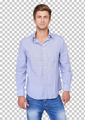 Buy stock photo Portrait, man and fashion or style isolated on a transparent, png background with confidence. Handsome, serious and young male model person with trendy or casual clothes with a shirt and jeans