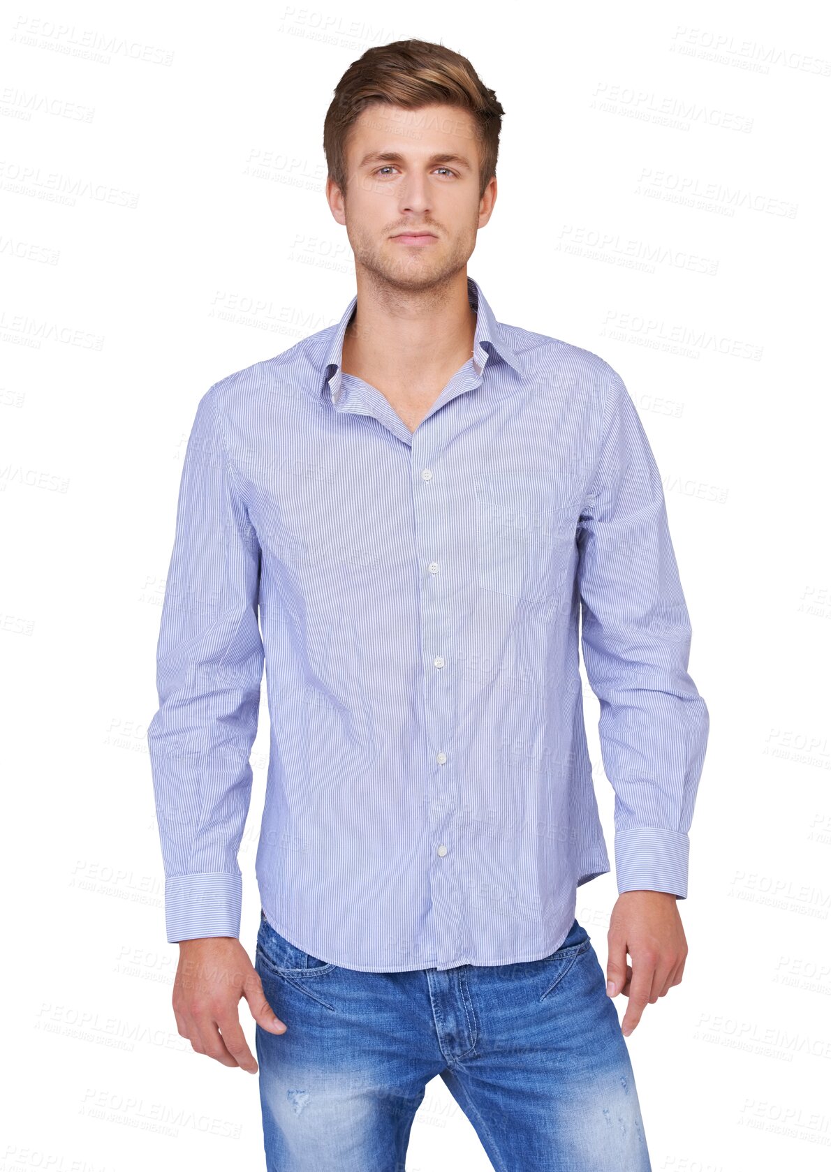 Buy stock photo Portrait, man and fashion or style isolated on a transparent, png background with confidence. Handsome, serious and young male model person with trendy or casual clothes with a shirt and jeans