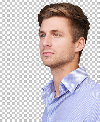 Buy stock photo Business man, thinking and face closeup with confidence isolated on a transparent, png background. Vision, professional and serious idea of a young male employee with work and corporate career