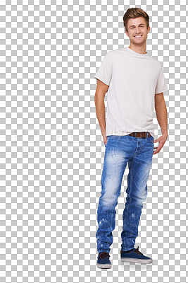 Buy stock photo Fashion, happy and portrait of young man with casual, trendy and stylish cool outfit. Confident, smile and handsome male model from Canada with tshirt style isolated by a transparent png background.