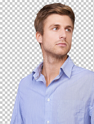 Buy stock photo Business man, thinking and face closeup with consulting job isolated on a transparent, png background. Worker, professional and idea of a male employee with company consultant work thought and career