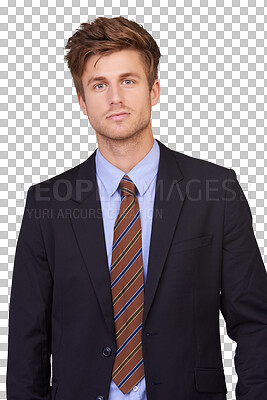 Buy stock photo Business man, portrait and suit with serious face isolated on transparent, png background. Confidence, professional worker and job of a young male employee with work of corporate lawyer and attorney