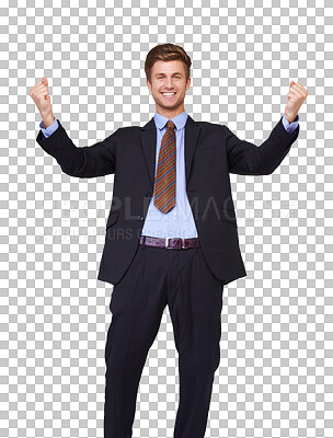 Buy stock photo Success, winning and portrait of businessman celebrate, happy and excited isolated in a transparent or png background. Corporate, wow and professional employee or worker winner of profit opportunity