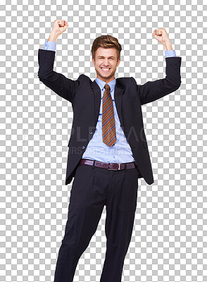 Buy stock photo Success, excited and portrait of businessman celebrate, happy and winning isolated in a transparent or png background. Corporate, wow and professional employee or worker winner of profit opportunity