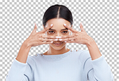 Frame eyes, hands and portrait of woman on white background for beauty, cosmetics and natural makeup. Fashion, focus mockup and face of girl isolated happy, confident and vision emoji in studio