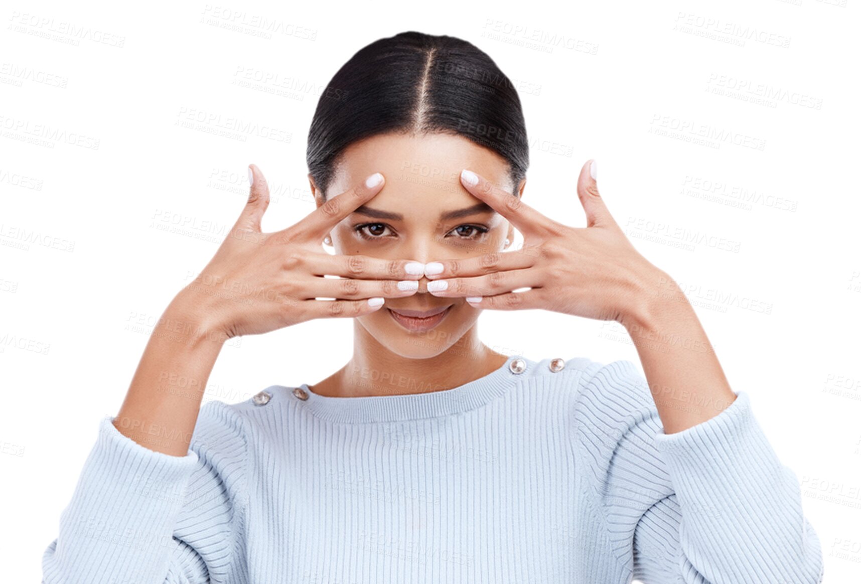 Buy stock photo Frame eyes, hands and portrait of woman, smile and confident girl isolated against a transparent background. Face, female person and model with fashion, hiding and emoji with png, cosmetics or beauty