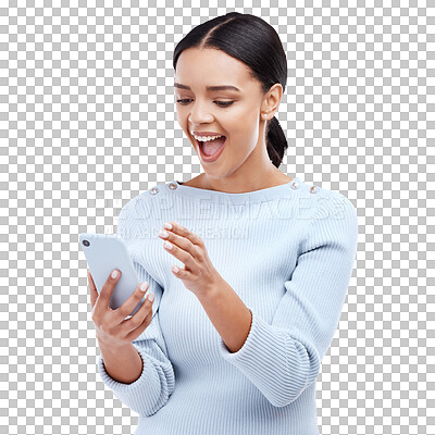 Phone news, reading surprise and happy woman shocked over mobile notification, app promotion or wow discount. OMG savings info, cellphone announcement and excited studio person on white background