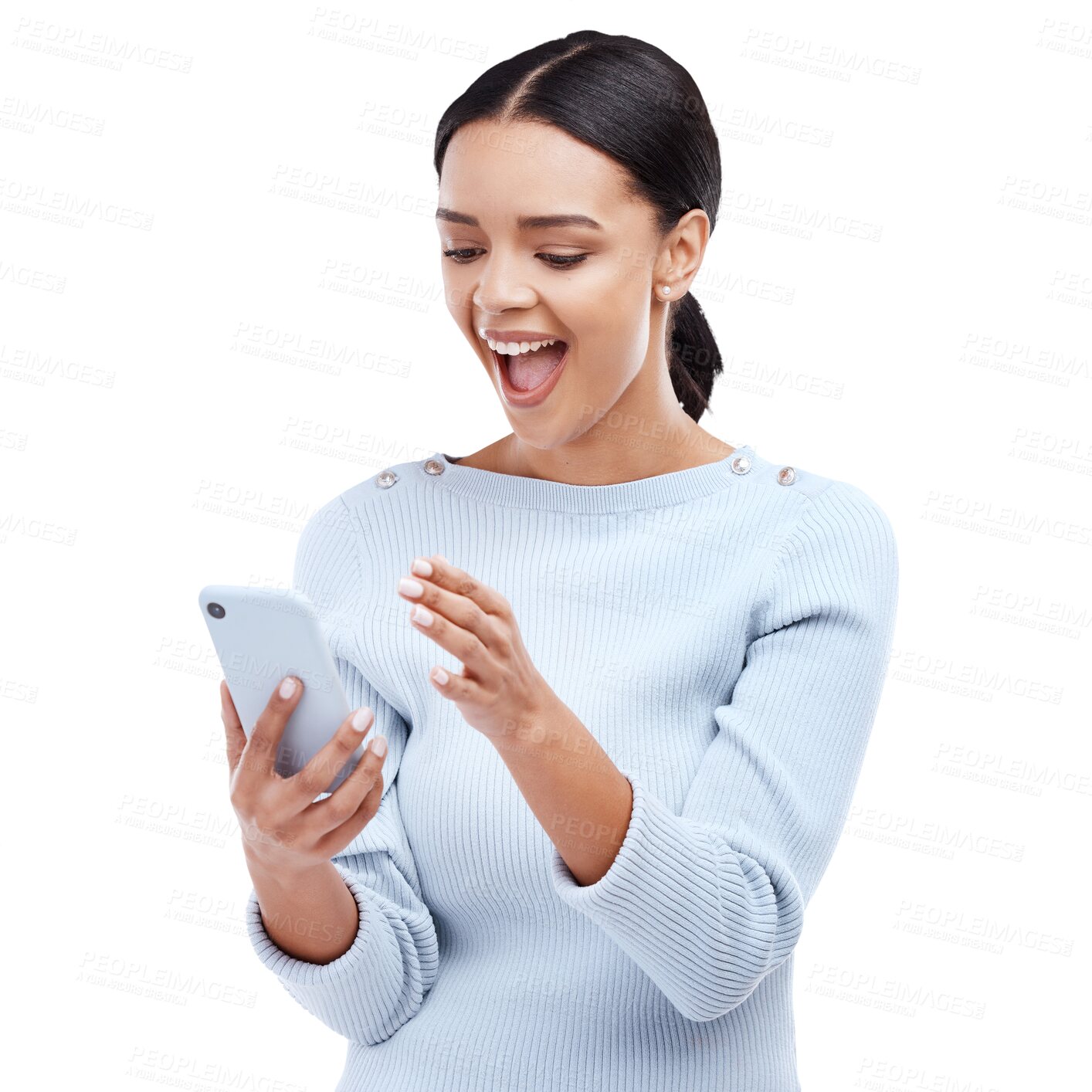 Buy stock photo Smartphone, surprise or woman with news, excited or happy girl isolated on a transparent background. Female person, shocked or model with a cellphone, prize giveaway or png with bonus or feedback