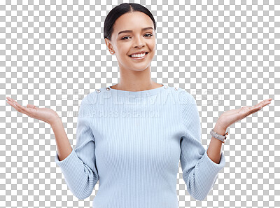 Buy stock photo Smile, doubt and portrait of woman shrugging for a positive decision, choice or question. Face, emoji and happy female model with dont know or unsure expression isolated by transparent png background
