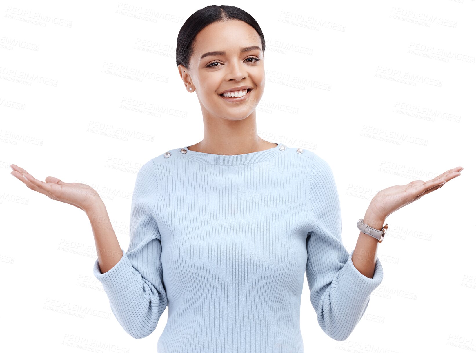 Buy stock photo Smile, doubt and portrait of woman shrugging for a positive decision, choice or question. Face, emoji and happy female model with dont know or unsure expression isolated by transparent png background