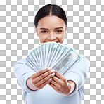 Dollar money, studio portrait or woman face with lottery win, competition giveaway or cash dollar award. Finance trading, salary or prize winner of poker, bingo or casino gambling on white background