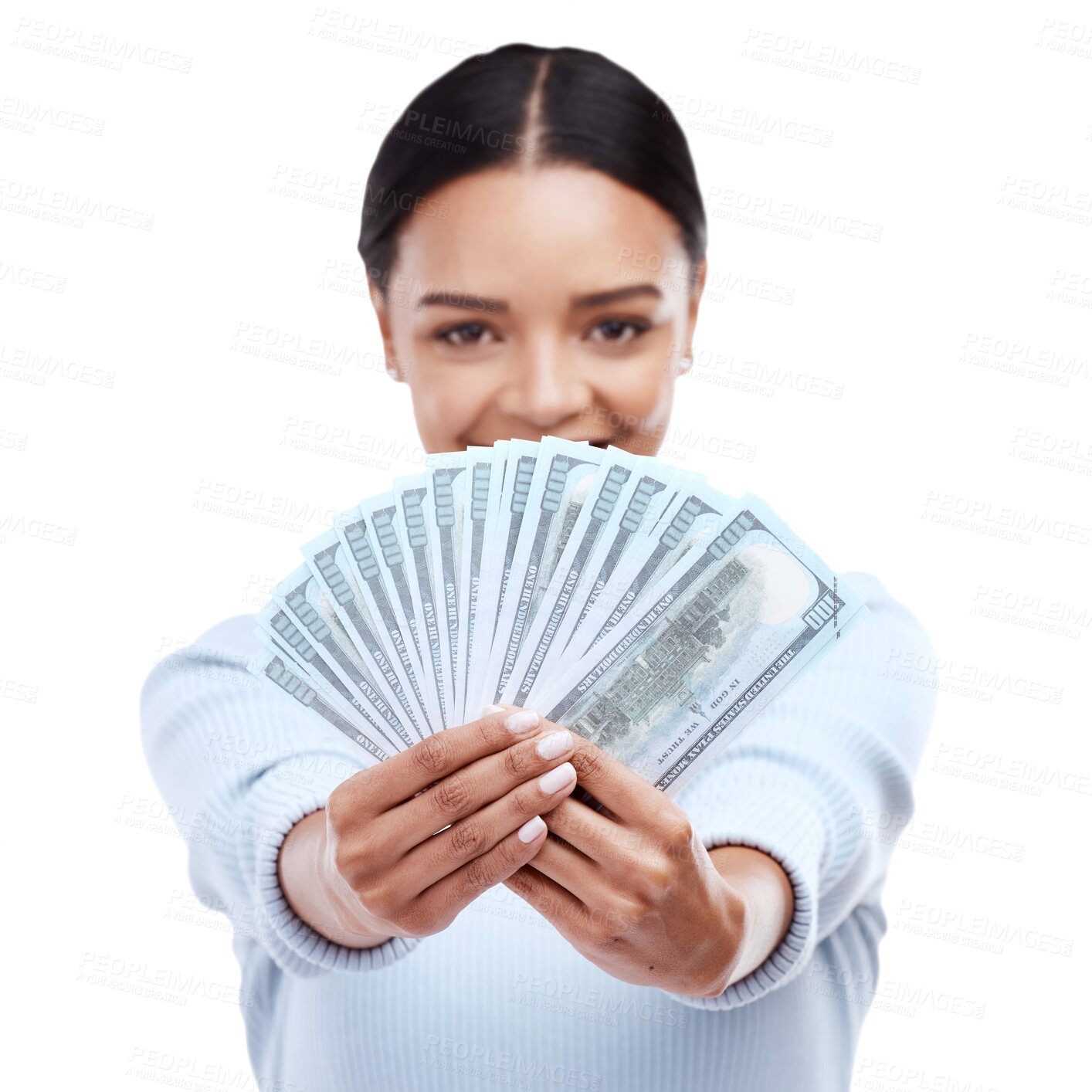 Buy stock photo Money, portrait or happy woman with lottery jackpot in gambling competition giveaway or cash prize. Financial, dollars or hands of excited girl winner of deal isolated on transparent png background
