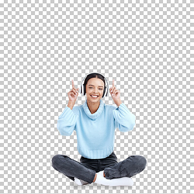 Buy stock photo Portrait, headphone and happy with woman or point up in png or isolated and transparent background. Girl, positive and face with music or showing gesture with promotion or sale for audio or sound.